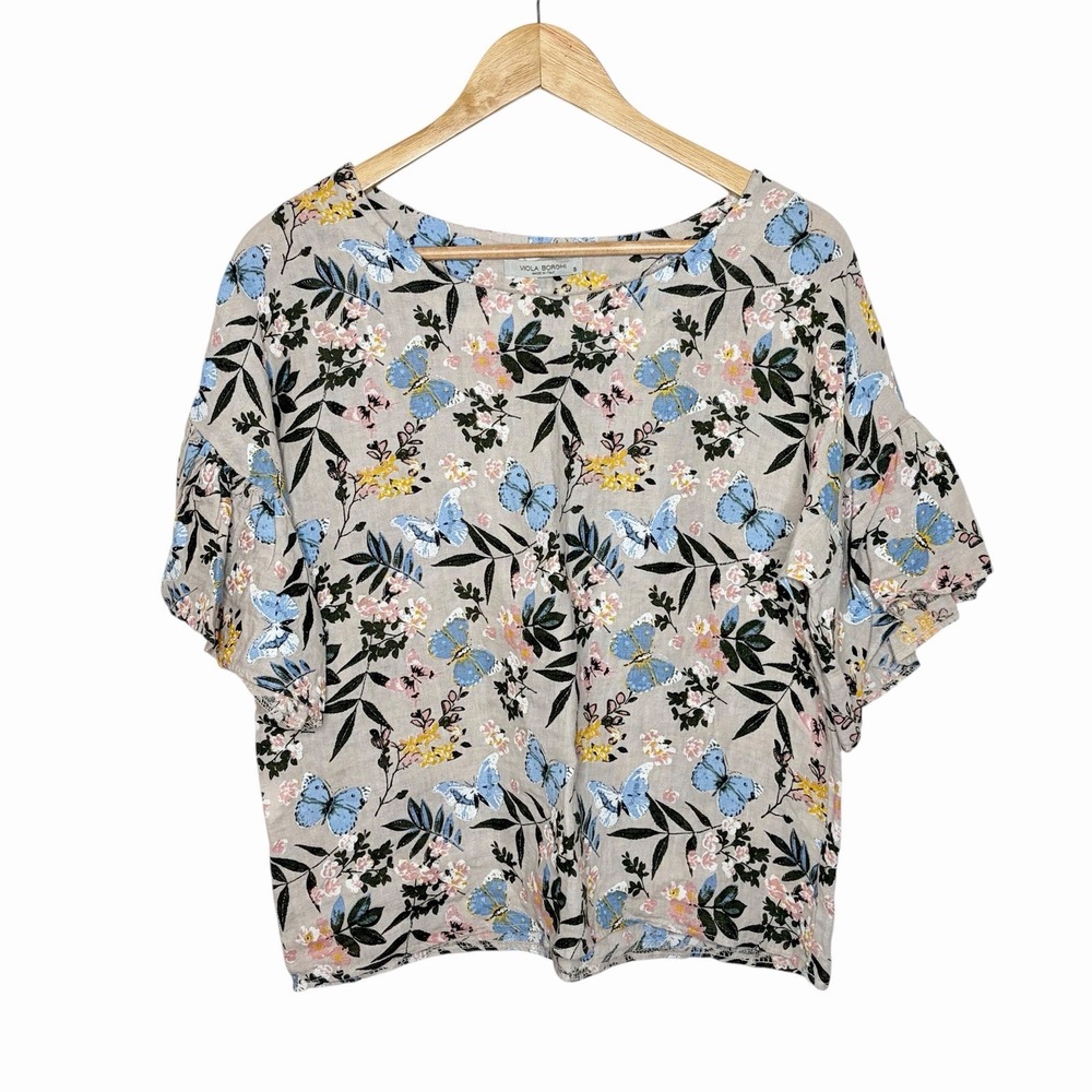 Viola Borghi Butterfly Floral Linen Top Womens Small Cottagecore Coastal Pastel